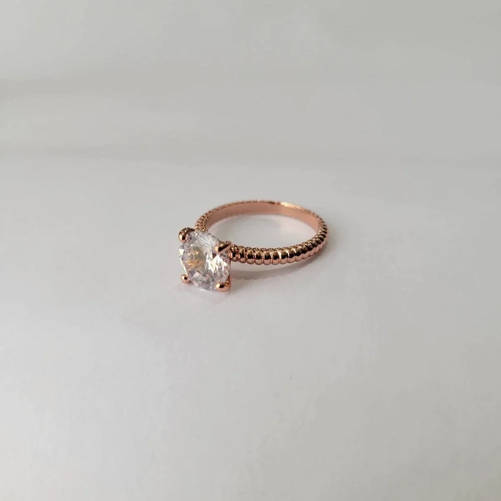 CHARTER CLUB Rose Gold-Tone Crystal Solitaire Textured Ring Engagement Size 6